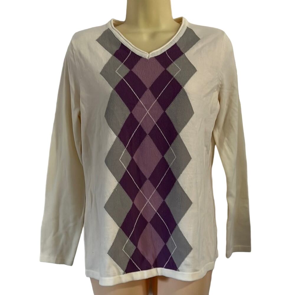 Croft & Barrow Winter White Argyle Center Sweater Woman Small